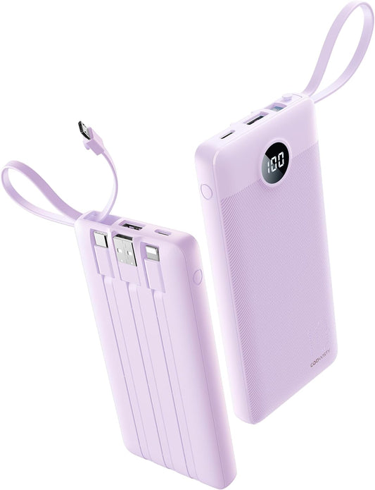 Coowisty 10000mAh Pack 5 2 Portable Charger with Built-in Cable, Slim USB C Power Bank, External Battery Outputs Inputs