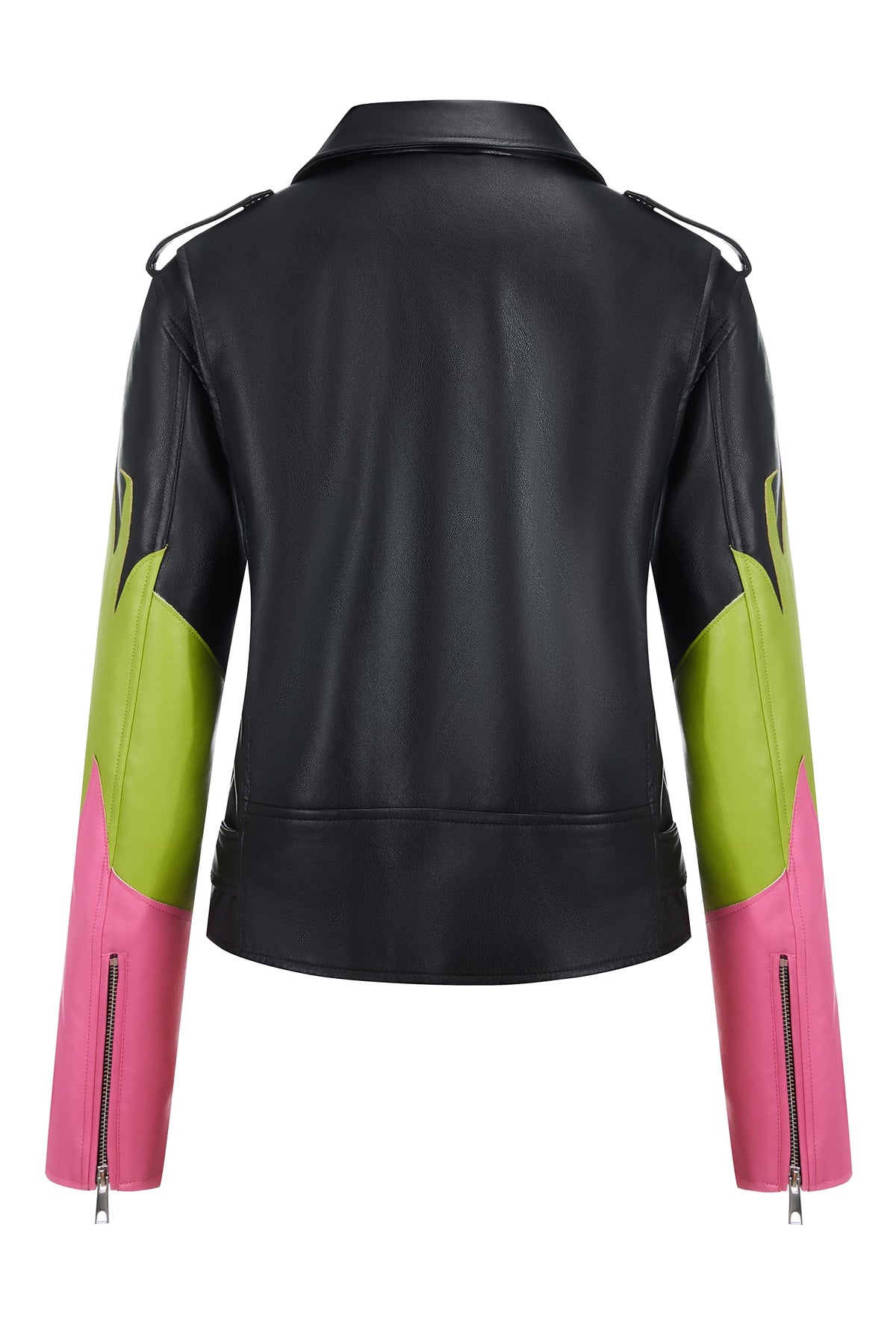 Bellivera Women's Faux Leather Color-Block Moto Zip Jacket Black M