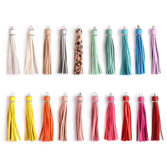URROMA Faux Leather Tassels Pendant, 20Pcs Colourful Leather Tassel Charm DIY Keychain Jewelry Making and Craft Supplies Bag Cellphone Decor, 20 Colors