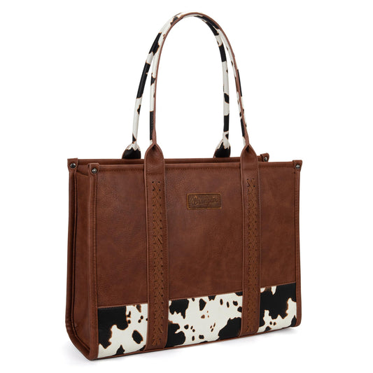 Montana West × Wrangler Vintage Satchel Tote Handbag Western Cow Print Purse for Women Top Handle Large Work Tote Bag WG-HB-102G-8119-BR