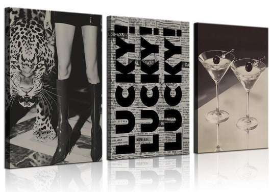 Trendy Leopard Canvas Wall Art Fashion Cheetah Lucky Martini Wall Decor Pictures Funky Vintage Preppy Luxury Aesthetic Posters Prints for Girly Bedroom Apartment Dorm Decoration 12x16in