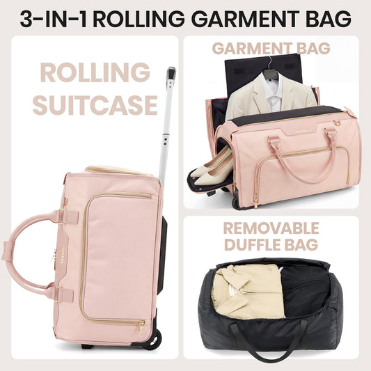 Fanwoli Carry-On Rolling Garment Bag for Travel, 3-in-1 Wheeled Luggage with Shoe Storage & Detachable Organizer, Convertible Duffel Bag for Men Women Business Trips Weekender, Wrinkle-Free (Pink)