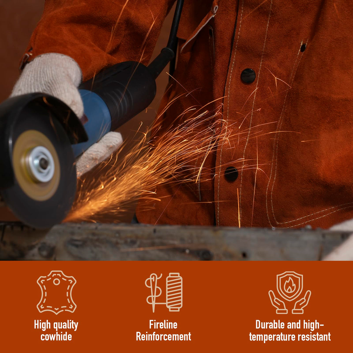 Leather Welding Work Jacket by QeeLink - Flame-Resistant Heavy Duty Split Cowhide Leather (Large)