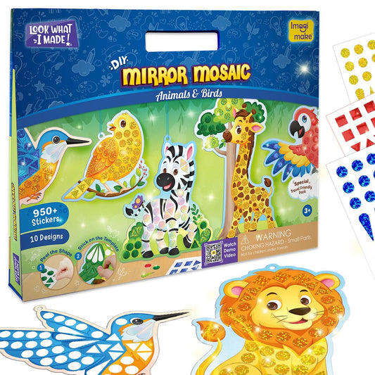 Imagimake Mirror Mosaic - Animals & Birds | 10 Templates, 950+ Stickers | DIY Dot Art Set | Craft Kits for Boys Ages 3-5 | Mess Free Kids Travel Activities | 3,4,5,6,7 Year Old Girl Birthday Gift