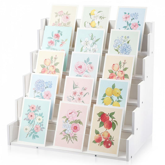 Yuntau 5 Tier Greeting Card Display Stand White Bamboo and Acrylic Sticker Display Stand Trading Card Holder Retail Photos Shelf for Vendors Craft Collection & Show