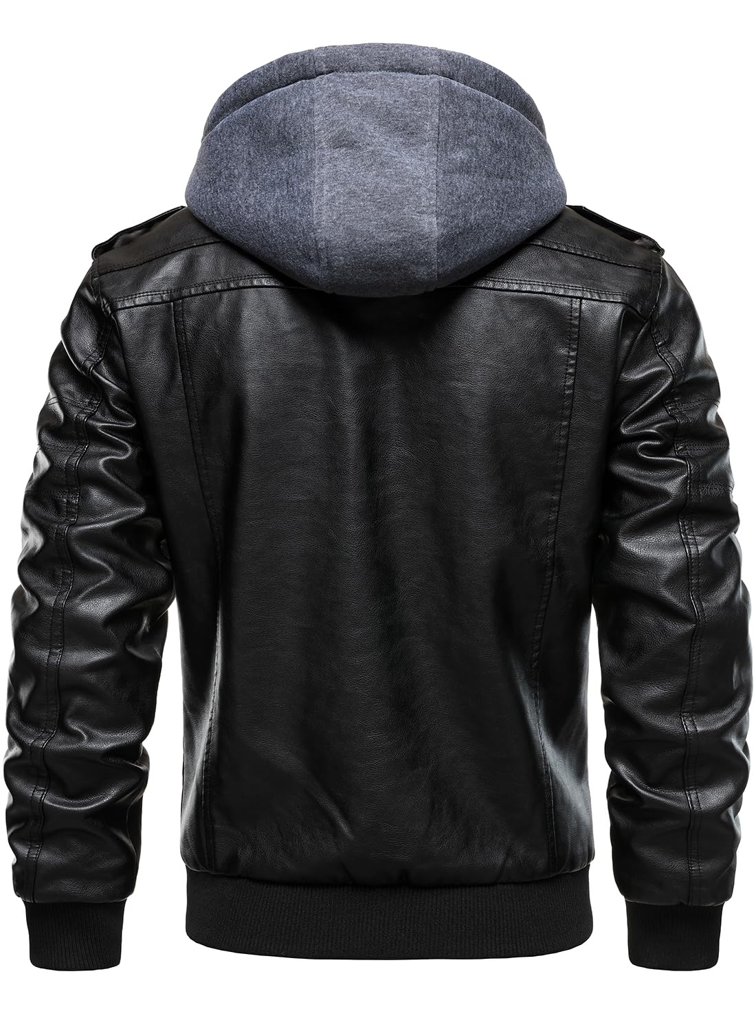 HOOD CREW Men's Leather Jackets Faux Bomber Jacket for Men Motorcycle Zip-Up Biker Coat With Hoodie Black L