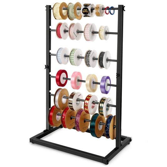 Aulin 6 Tier Large Capacity Ribbon Storage Organizer Rack - Metal Ribbon Spool Holder for Craft Ribbon Washi Tape Arts & Crafts Supplies, Ribbon Rack for Craft Room, Florist Arts Wrapping (Black)
