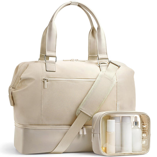 Travel Duffle Bag for Women, 40L Weekender Bags Airline Approved Carry On with Shoe Compartment & Waterproof Wet Pocket, Durable Nylon Weekender Overnight Bag for Travel, Gym, Business Trip, Beige