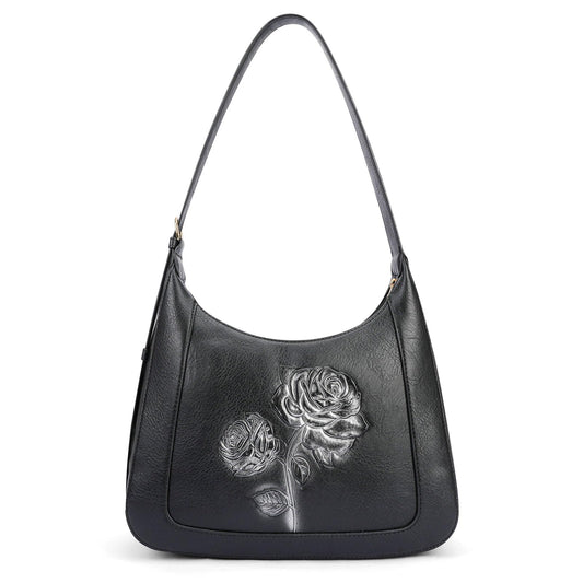 VIMUTI Small Shoulder Bag for Women, Vegan Leather Embossed Hobo Purse with Underarm Strap, Compact Daily Handbag (Black)