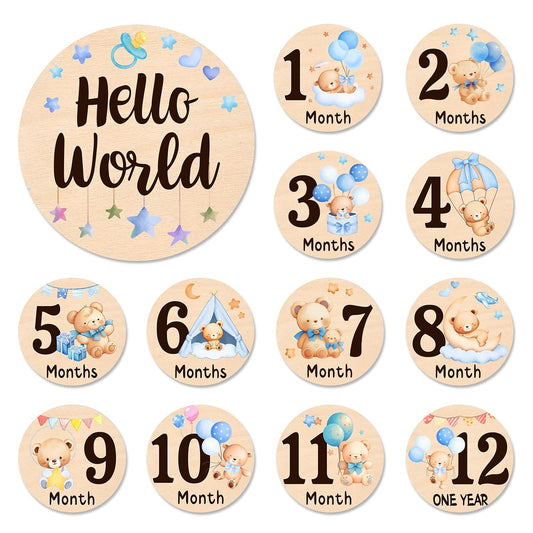 13 Props(0-12 Baby Monthly Milestone Cards - Double-Sided Wooden Milestone Signs Discs with Bear & Star Designs, Little