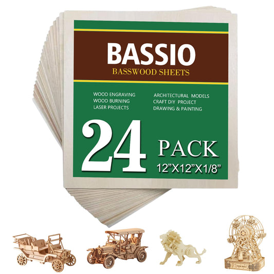 Basswood Plywood Sheets,24 Pack 12 x 12 x 1/8 Inch Unfinished Plywood Sheets for Laser Cutting,Engraving,Wood Burning,Drawing,Family DIY,Studio Crafts & Bulk Holiday