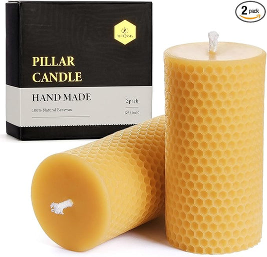 Honeycomb Natural Beeswax Pillar Candles - Pack of 2-100% Pure Beeswax Candles No Scent- for Emergency/Prayer/Relax (2inch Diameter, 4 inch Tall - Yellow)