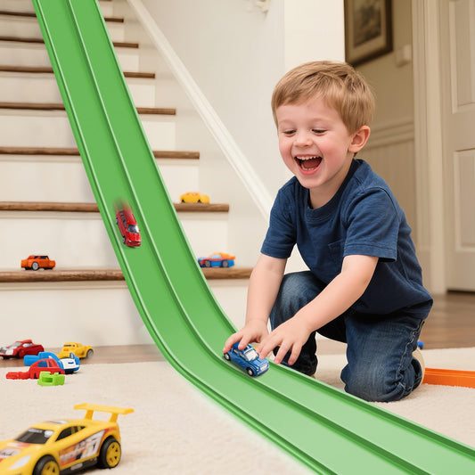 Upgrade Flexible Race Track Flex Tracks for Kids 3+, 15Ft Flexible Car Track Race Car Track Compatible with Diecast 1/64th Cars, Roll Up Race Ramp Toy with Strong Suction Cups