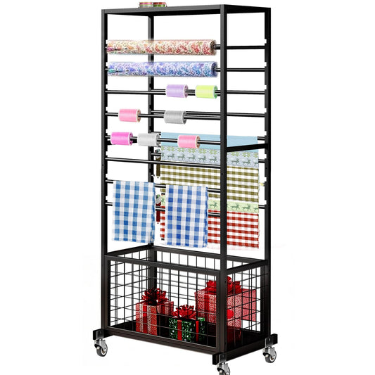 RCZSCBK 16 Tier Ribbon Holder Rack, Multifunctional Flower Wrapping Paper Rack,Double-Sided Ribbon Spool Shelf Suitable for Flower Shop, Craft Room, Cake Shop Ribbon Display Stand (Black)