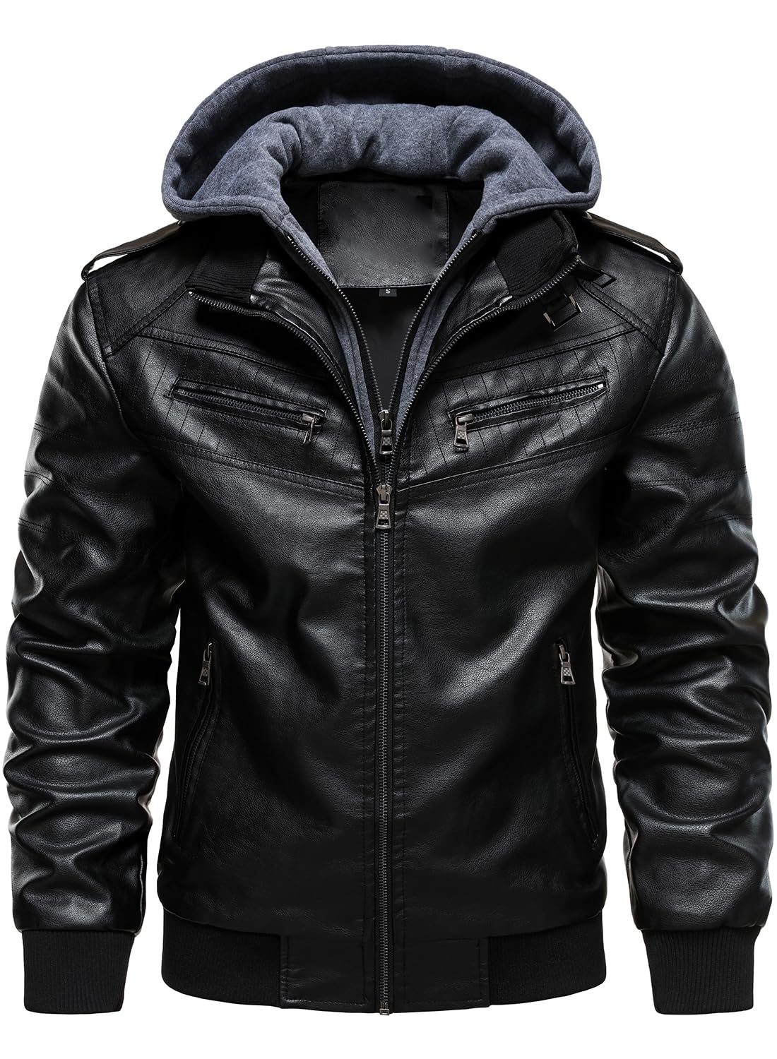 HOOD CREW Men's Leather Jackets Faux Bomber Jacket for Men Motorcycle Zip-Up Biker Coat With Hoodie Black L