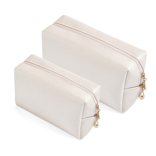 2pcc set PU Leather Cosmetic Bag for Women Minimalism Makeup Bag for Daily Use Portable Storage Purse Small Neat Cosmetic Pouch Water-resistant Toiletry Bag for Travel (Ivory White)
