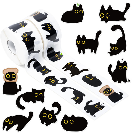 DSjuedui Black Cat Sticker Rolls - 1000Pcs Funny Cartoon Cat Meme 10 Style Stickers Gifts Pack for Kids Teen Adults, Cute Label Decals Crafts for Laptop Guitar Skateboard Home Decor School Rewards