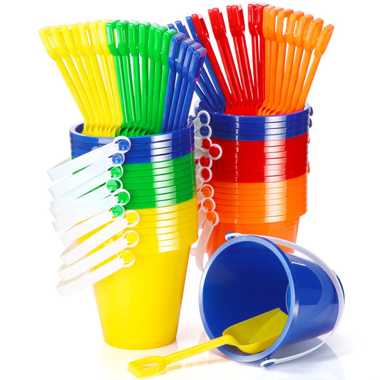 Woanger Set of 36 Beach Pails, Buckets and Shovels - 5 Inch Sand Play Set - Colorful Plastic Beach Buckets - Sand Castle Kit for Boys and Girls Birthday Party Favor