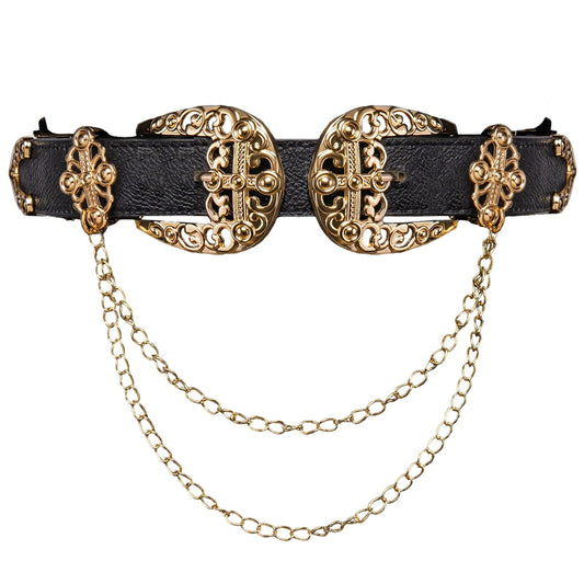 Barry.Wang Women Double Western Belt Vintage Leather Black Belt Gold Buckle Design Elastic Waist Chain Jeans Dresses Cowgirl