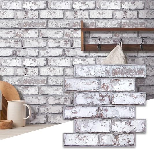 Commomy 10 Pcs 3D Faux Brick Wall Panels -11.8"X11.8" Small Size PVC Grey Whitewash Brick Peel and Stick Tiles Backsplash DIY Brick Wallpaper Wall Tile for Bedroom, Kitchen, Fireplace,RV