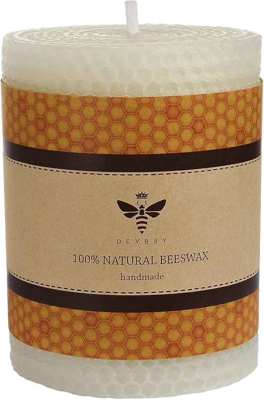 White Beeswax Pillar Candle - Handmade Pure Beeswax Rolled Candle for Gift & Home Decor (3×4 in)