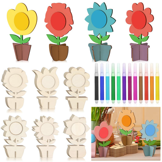 MotiMind 60 Pcs Spring Crafts Set 48 Pcs Mother's Day 3D Wooden Flower Cutouts Earth Day Unfinished Tulip Slices Wood Daisy to Paint with 12 Colored Pens for Summer Floral Handmade Craft DIY Project