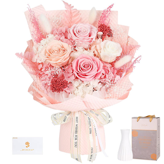 Preserved Flowers Bouquet 4 Roses - Pink Roses & Flowers for Delivery, Long-Lasting Real Roses Forever, Mothers Day Gifts for Mom Grandma Wife, Anniversary Birthday Gifts for Women