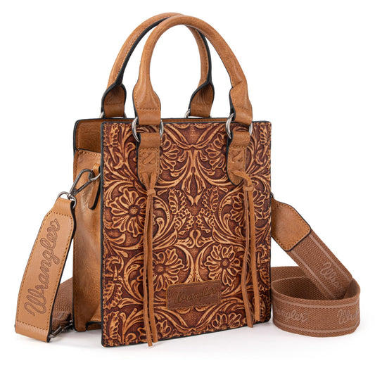 Wrangler Embossed Crossbody Purse for Women Wallet Women Western Cross body Purses Fringe Top handle handbag and small Purse WG271-8119LBR