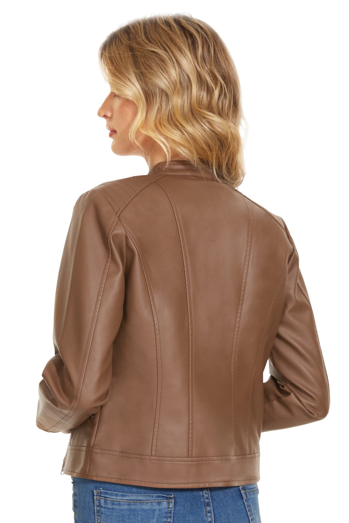 Fahsyee Women's Faux Leather Jackets, Camel Crop Petite Zip Up Motorcycle Short PU Moto Biker Outwear Stand Collar Fitted Slim Coat, Size L