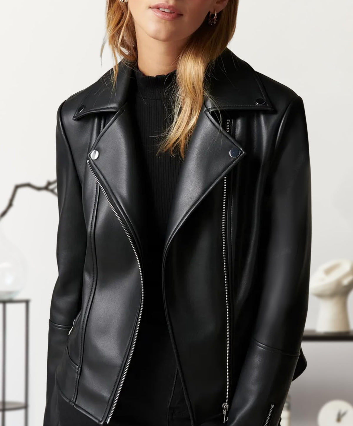 Women Leather Jacket, Buttery Soft Faux Leather Motorcycle Moto Biker Short Jacket, Stretchy Long Sleeves Asymmetrical Closure Zipper Rivets Pocket Classic Stylish Coat, Medium, Black