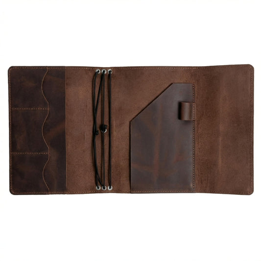TORAKIP Leather A5 Notebook Cover – Refillable Journal Case with Elastic Bands, Pen Loop & Inner Pockets, Handmade Notebook Organizer, Fits 5.8" x 8.3" Inserts (Paper Not Included), Brown