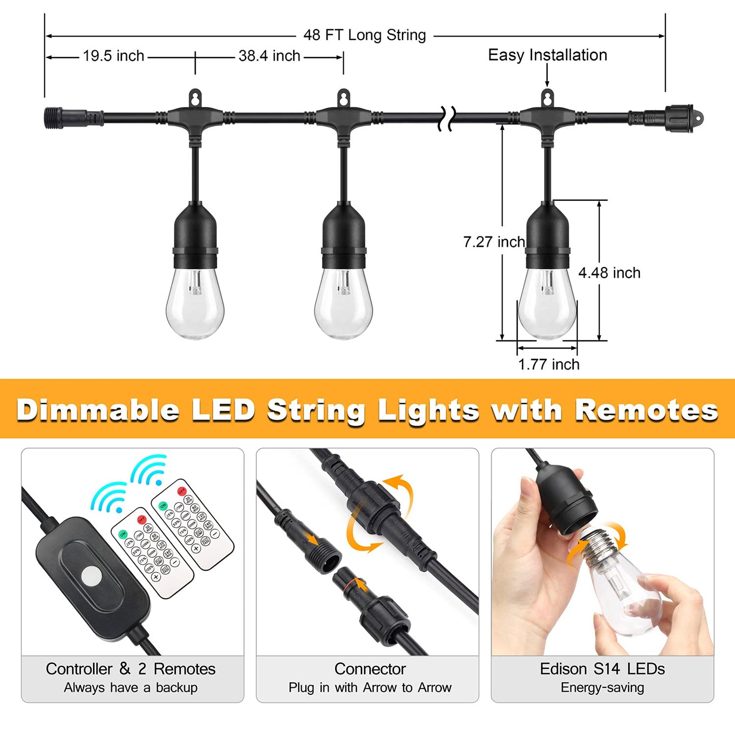 Mlambert 3 Color Outdoor LED Dimmable String Lights for Patio with Remote, Plug in 48FT Waterproof Shatterproof Edison Bulb Lights for Bistro Pergola
