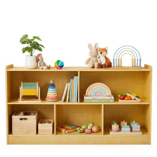 STEPLAY Montessori Shelf, Wooden Toy Storage Organizer with 2-Tier Shelf & 5-Section Storage Cabinet, Kids Bookshelf/Bookcase for Toddler Playroom, Nursery, Classroom(Natural)