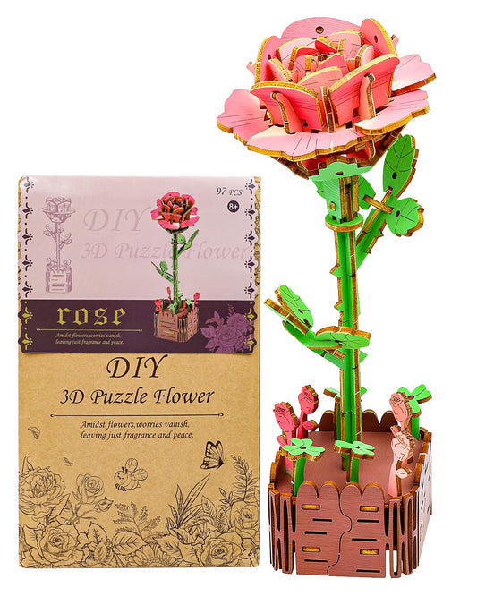 aeloer 3D Wooden Flower Puzzles for Adults - Pink Rose, DIY Model Kit Building Set, Creative Craft for Adults, Unique Botanical Home Office Decor & Relaxing Gift Idea