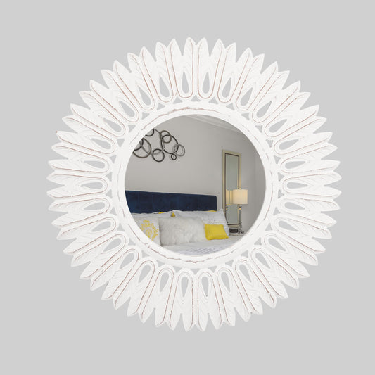 Homebia Designs Decorative Round Wall Mirror - 24 Inch Antique White Carved MDF Wood Frame, Vintage Rustic Home Décor Accent for Living Room, Bedroom, Entryway, Hallway & Farmhouse Style Spaces