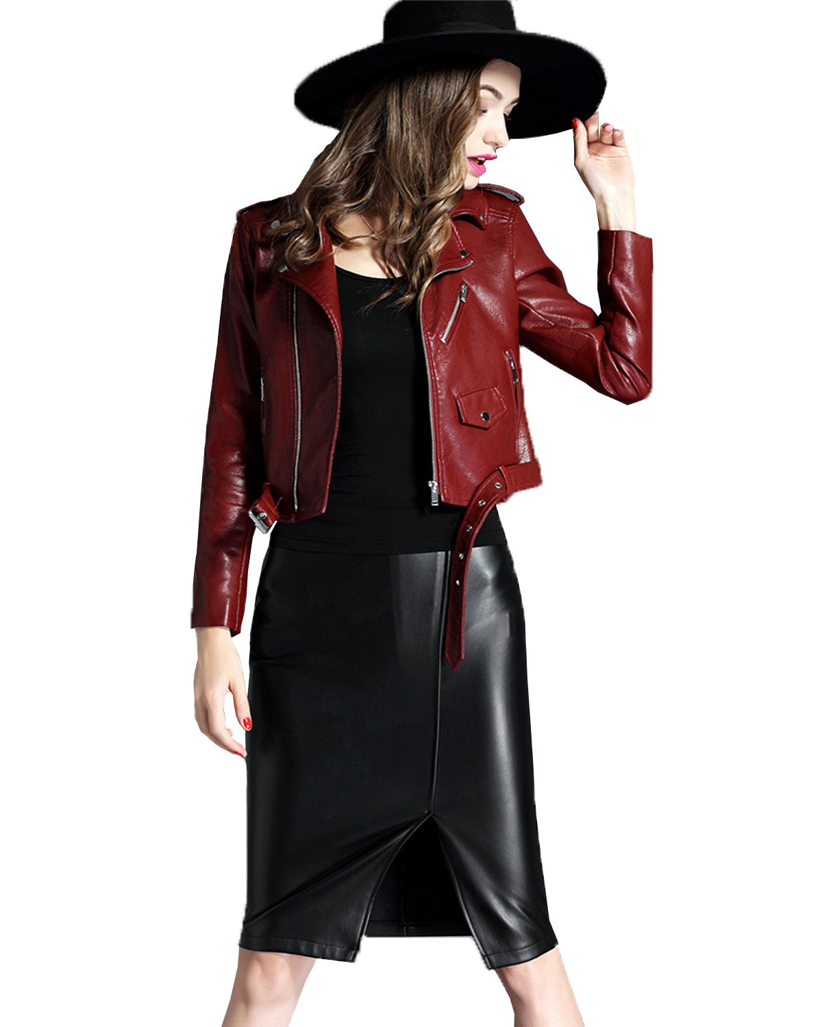 LY VAREY LIN Fitaylor Women's Faux Leather Motorcycle Jacket PU Slim Short Biker Coat (M, Wine Red)