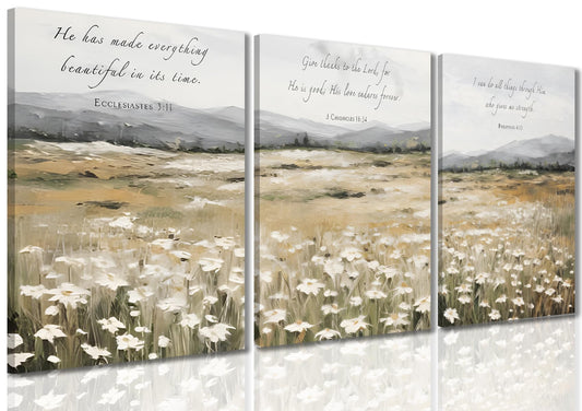 3 Piece Christian Wall Art Triptych, Bible Verse Canvas Prints with Wildflower Field, He Has Made Everything Beautiful, Ecclesiastes 3:11, Philippians 4:13, Faith Inspired Farmhouse Decor, Ready to Hang (12x16in)