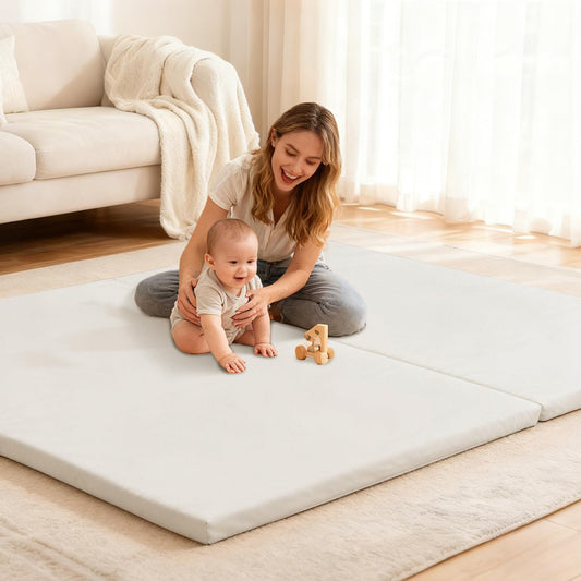 Bootuu Baby Play Mat for Floor 1.4" Thick Memory Foam 50x50 Playpen Mat for Toddlers Infant Kids with Non-Slip Backing Safe for Crawling, Water-Repellent Leather for Tummy Time, Tatami Style(Grey)