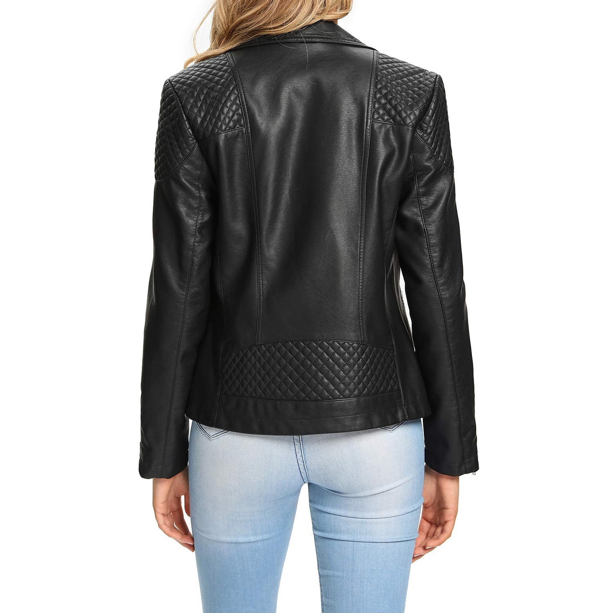 S P Y M Womens Faux Leather Jacket, Moto Biker Coat, Quilted Zip Up Outwear