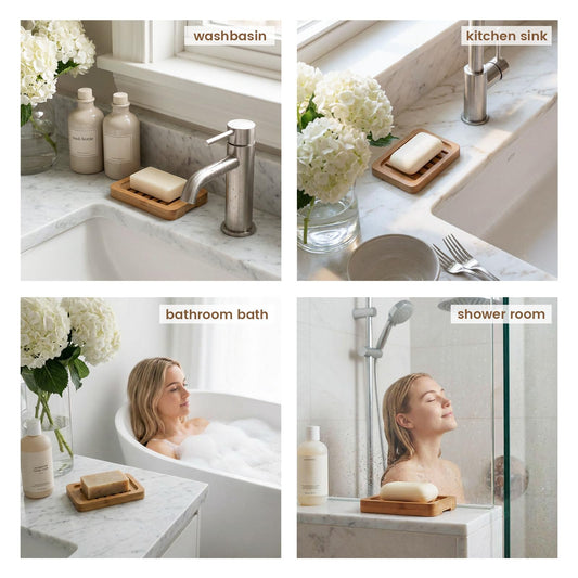 2PCS Self Draining Soap Holders, Rustic Slotted Bamboo Dish Tray, Easy Cleaning Wooden Soap Dish for Shower, Bathroom, Kitchen Sponges, Bath Tub, Packed in A Case (Acacia Style)