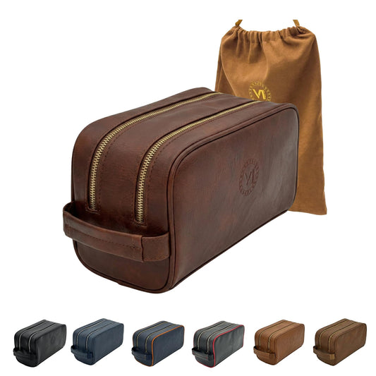 Toiletries bag for men, Premium PU Leather Dopp with Metal Zippers & Bottom Studs, Waterproof Grooming Kit for Men, Mens Birthday Gift, Includes Velvet Dust Bag & Shape-Retention Stuffing / DARK BROWN
