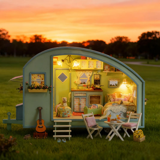 CUTEROOM DIY Miniature Wooden Caravan Dollhouse Kit with Furniture - Creative Mini Doll House Craft for Adults, Teens - Perfect Christmas Birthday Gift