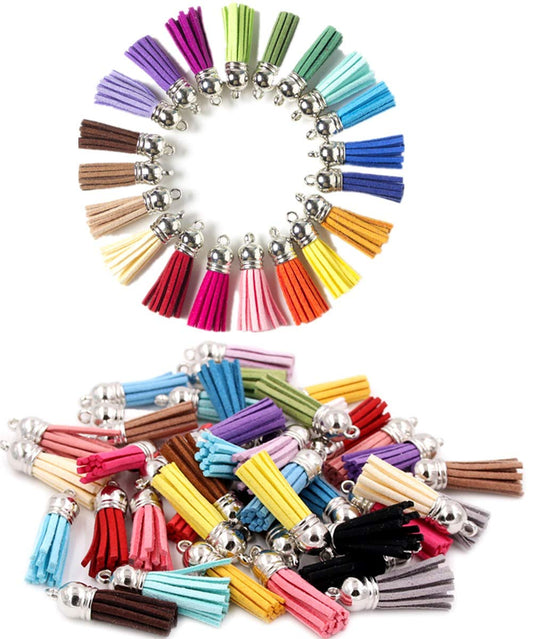 MSCFTFB 100 Pieces 1.5inch Mini Tassels Faux Suede Mala Tassel Kit for Earring Necklace Jewelry Making Garland Keychain Charms DIY Crafts (Assorted)