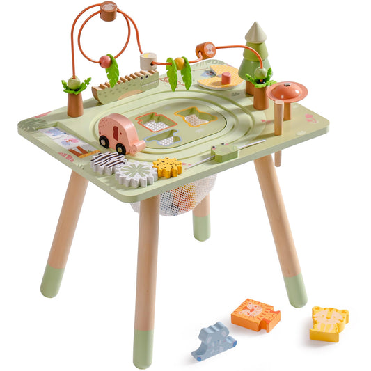 ROBUD Activity Table, 11-in-1 Montessori Learning Table with Bead Maze, Gears, Track, Shape Matching, Storage & More, Wooden Montessori Toys for Toddler, Educational Gift for Baby Boys Girls, Green