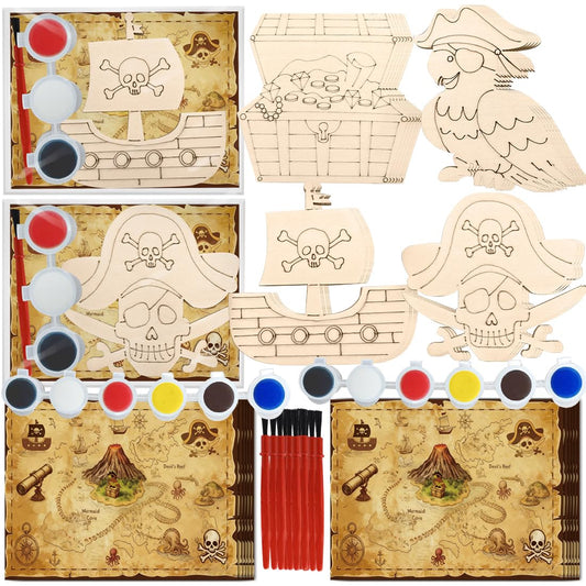 Jekocet ㅤ Pirate Party Favors 24 Pack Pirate Wooden Painting Craft Kits with Cards for Pirate Themed Party Decorations