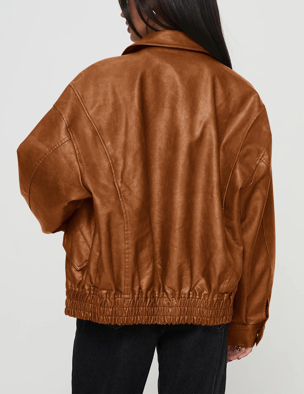 PRETTYGARDEN Women's Faux Leather Motorcycle Jacket Trendy Fall Spring Clothes Oversized Zip Up Winter Coat Outerwear (Brown,Medium)