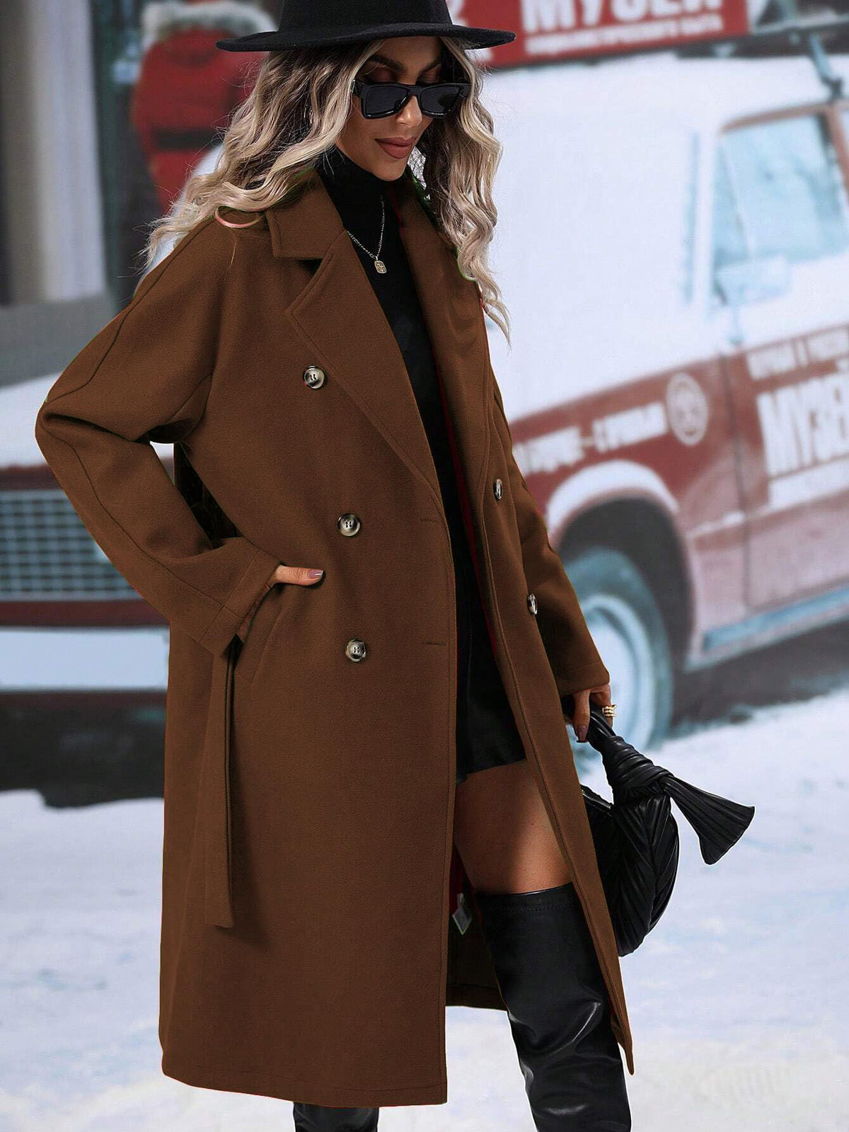 utcoco Womens Long Wool Pea Coat Notched Lapel Double Breasted Trench Coat Winter Warm Overcoat with Belt (Small, Brown)