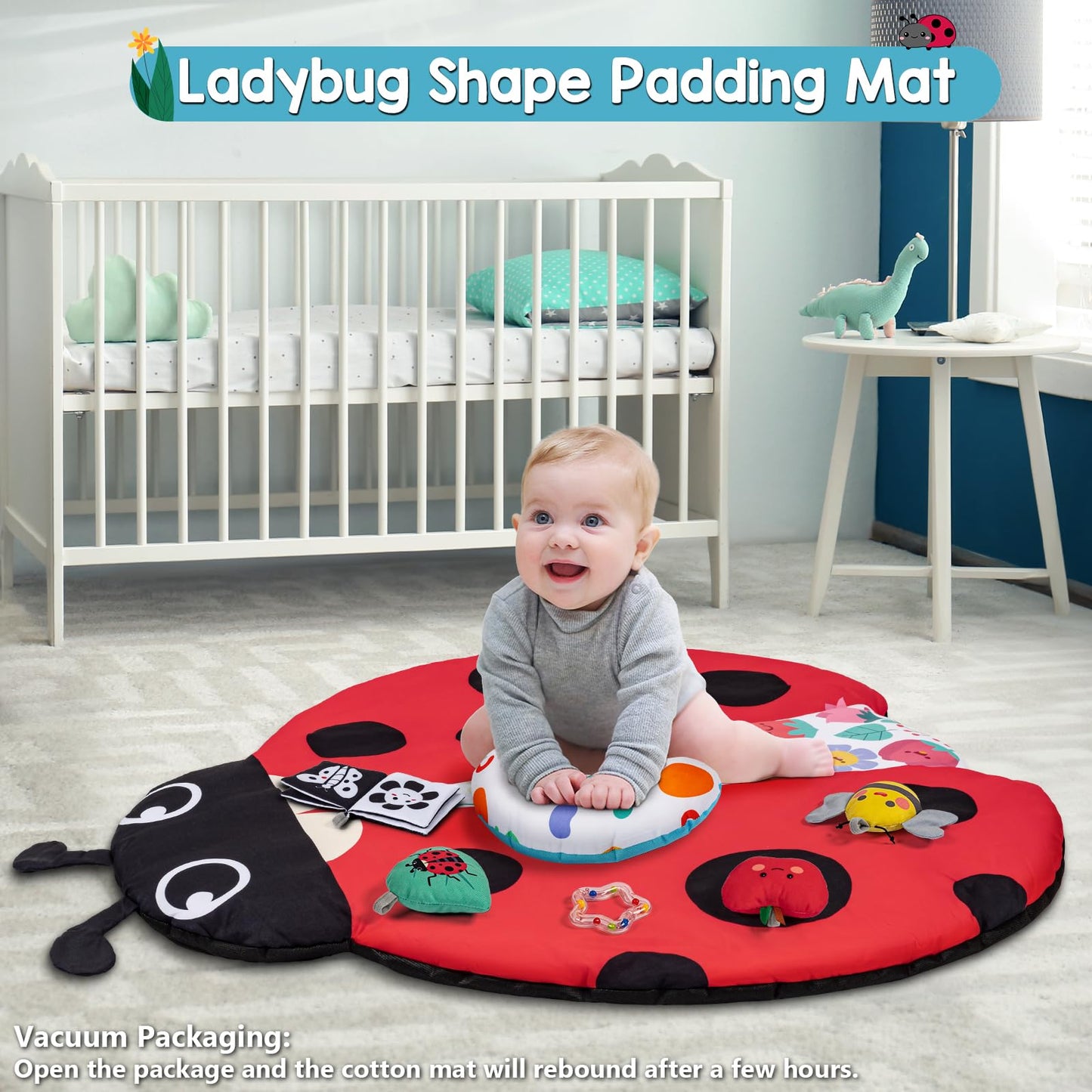 Jyusmile Baby Play Gym Mat, 8-in-1 Tummy Time Mat with 6 Toys, Washable Baby Activity Mat for Visual, Hearing, Sensory, Motor Development, Baby Essentials Gift for Newborn Infant 0-3-6-9-12 Months