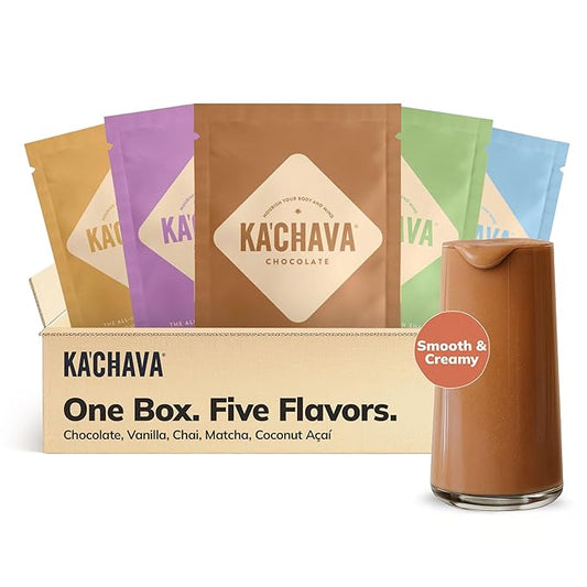 Ka?™Chava All-In-One Nutrition Shake Blend, 5 Flavor Sample Pack, 5 Servings, 85+ Superfoods & Nutrients, Meal Replacement, Greens Plant-Based Superfood Powder Protein Drink, Digestive Enzymes & Probiotics, Vegan Dairy Gluten Free