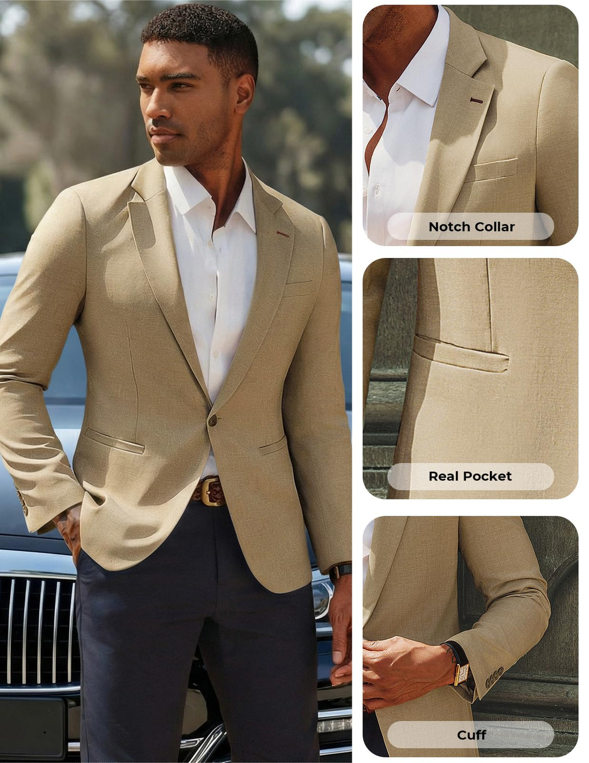 PJ PAUL JONES Mens One-Button Blazer Casual Lightweight Sport Coat Notch Lapel Solid Sport Jackets Khaki